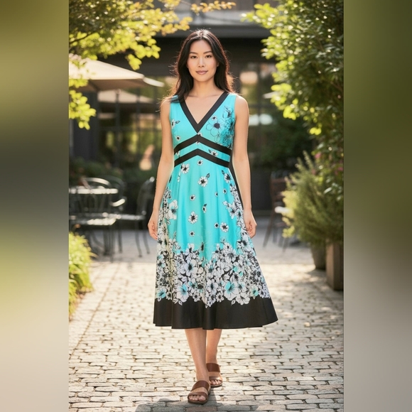 dressbarn Dresses & Skirts - Dressbarn Floral V-Neck Midi Dress in Turquoise and Black